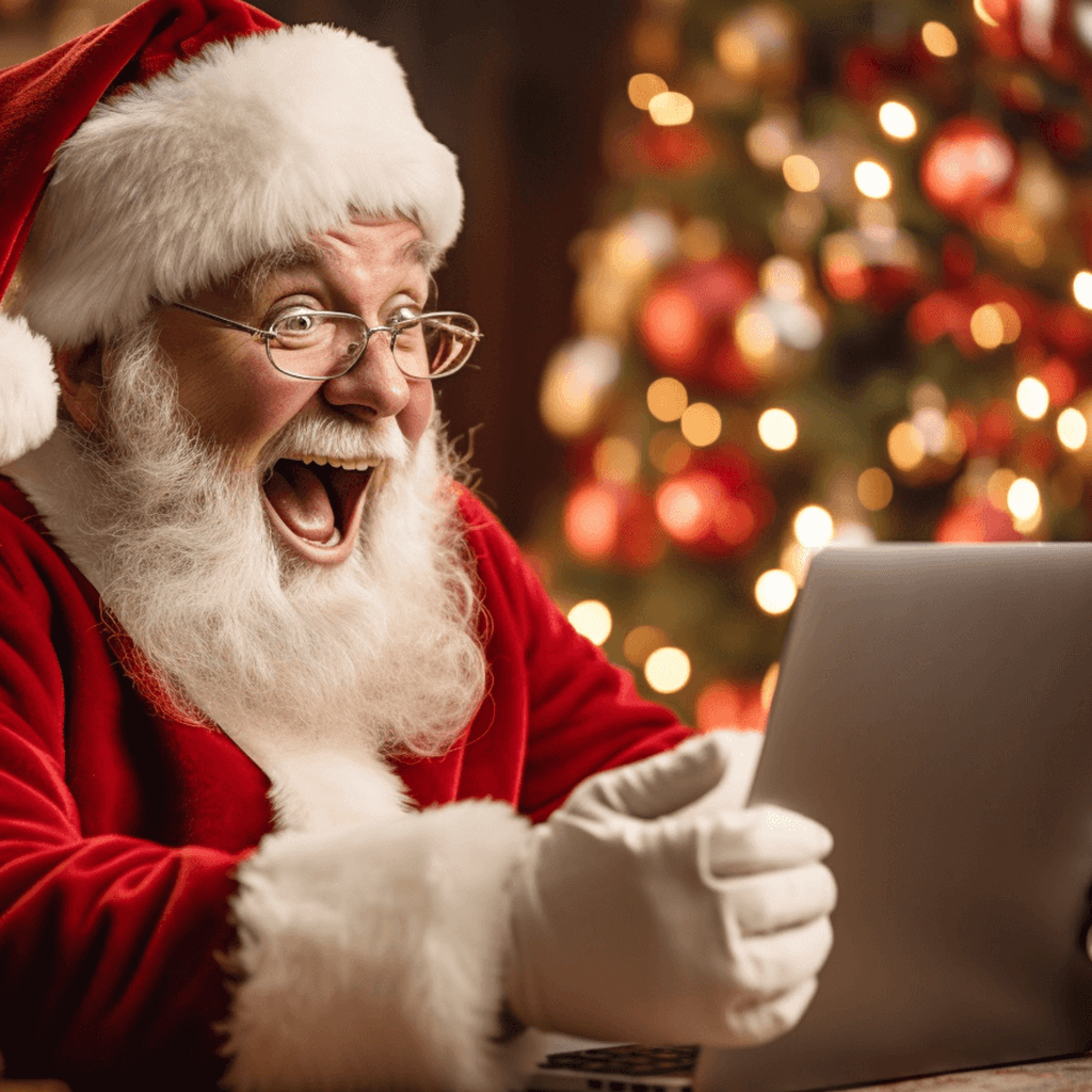 Papá Noel en su ordenador haciendo un videochat en directo